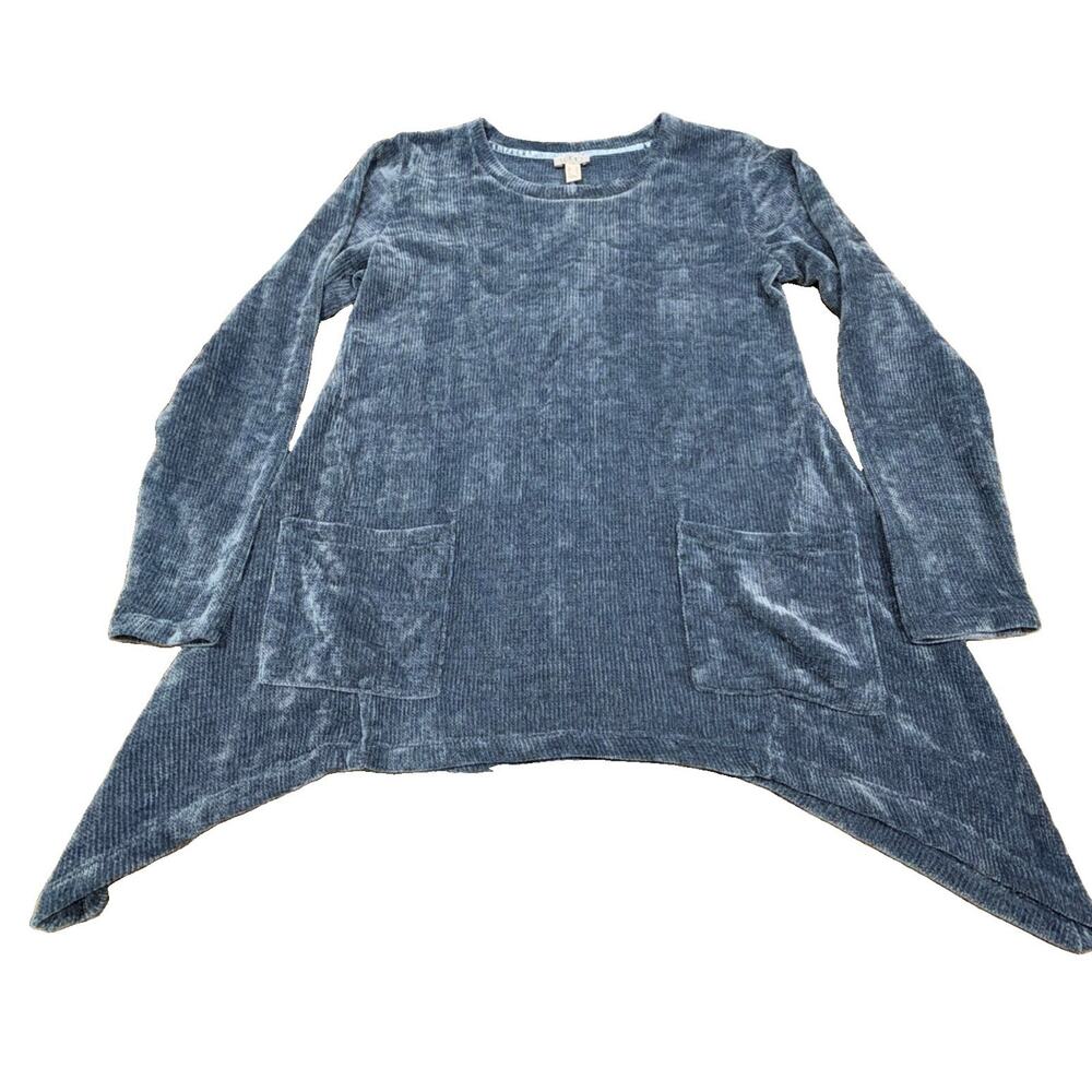 LOGO Lori Goldstein Blue Gray Chenille Sharkbite Tunic XS Pockets - Picture 2 of 8